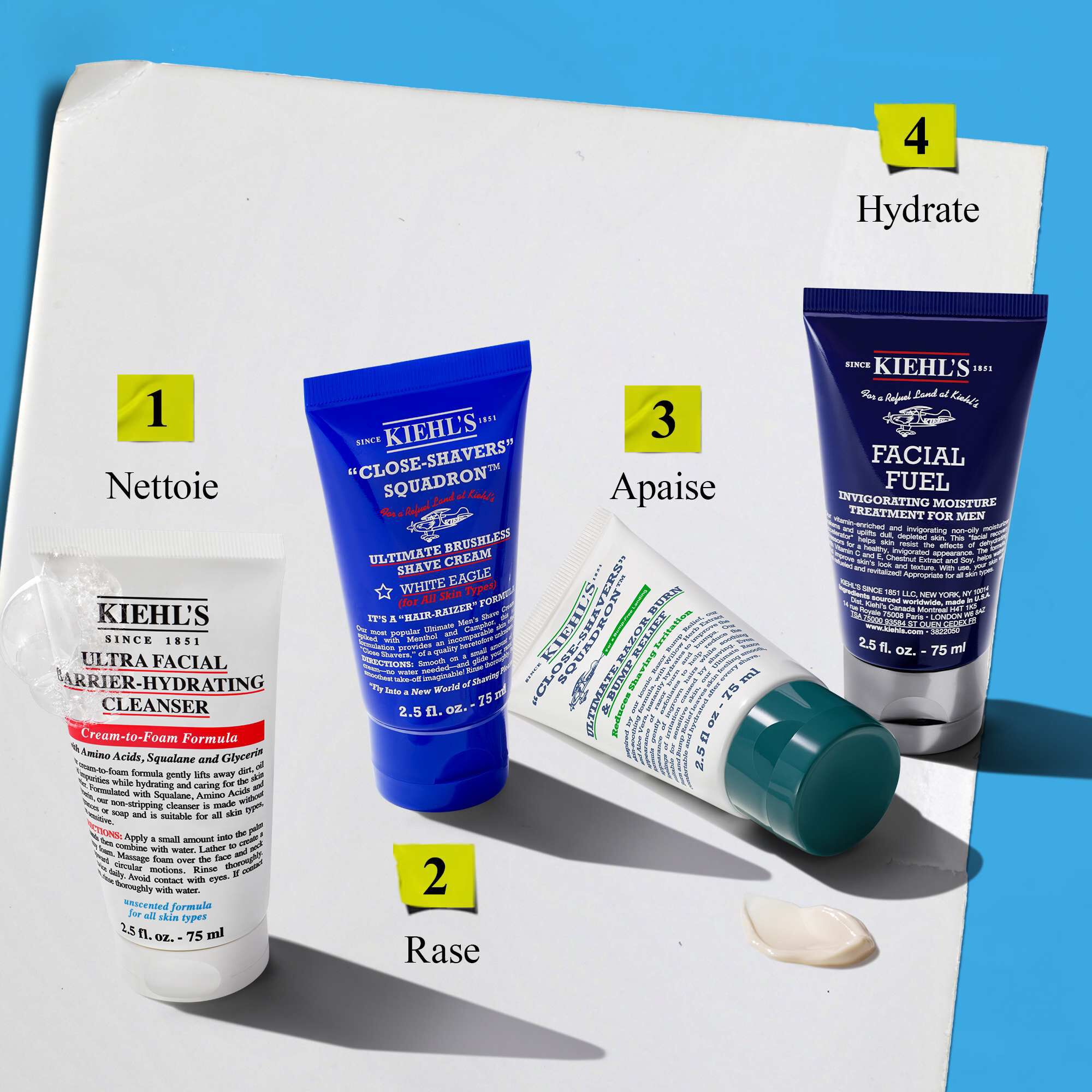 Kiehl's recommended men's routine: Ultra Facial Cleanser, Close-Shavers Squadron shave cream, a soothing product, and Facial Fuel moisturizer to deeply cleanse, shave, soothe, and re-energize.