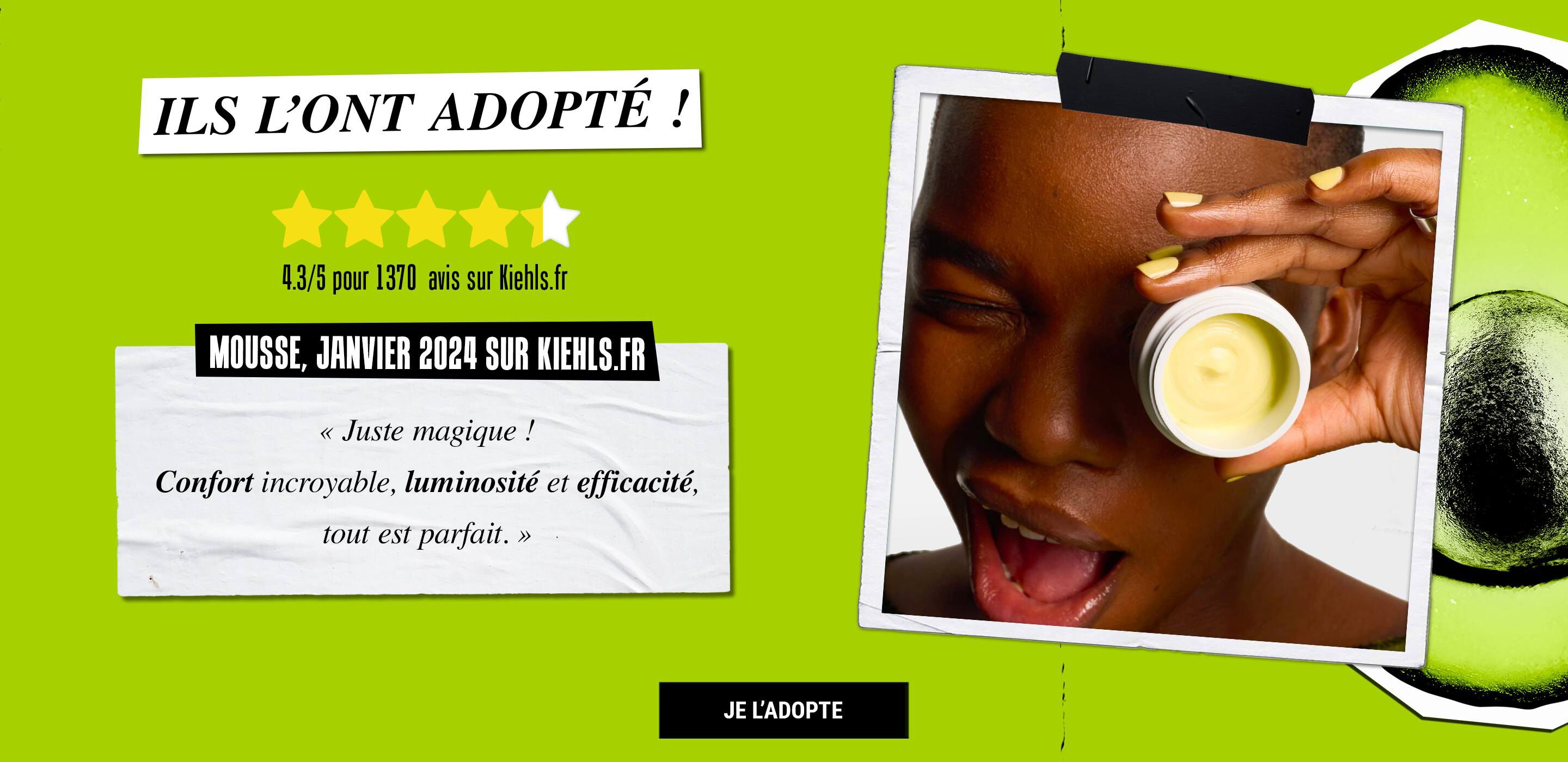 Une image publicitaire coloree presentant un produit de soin de la peau avec une femme souriante appliquant une creme. La critique affiche une note de 4,3/5, accompagnee de commentaires elogieux sur le produit.
