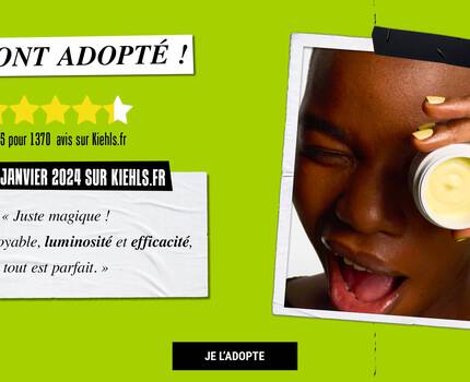Une image publicitaire coloree presentant un produit de soin de la peau avec une femme souriante appliquant une creme. La critique affiche une note de 4,3/5, accompagnee de commentaires elogieux sur le produit.