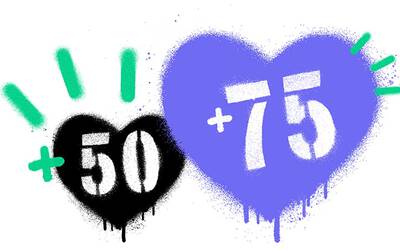 Deux coeurs en graffiti, un noir avec « +50 » et un bleu avec « +75 », accompagnes de traits verts lumineux.