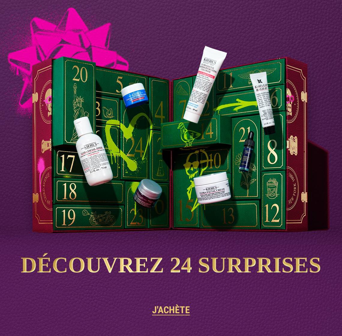 calendrier de l'avent avec des produits kiehl's sur fond violet