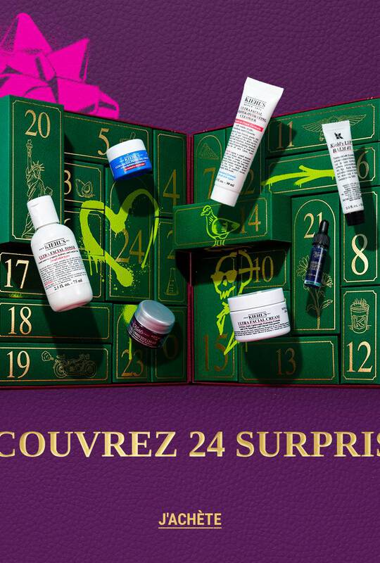 calendrier de l'avent avec des produits kiehl's sur fond violet