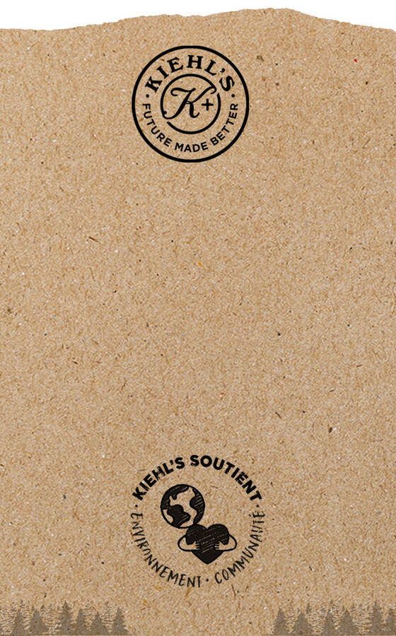 Image d'un fond en papier kraft avec les logos de Kiehl's, mettant en avant leur engagement envers l'environnement.