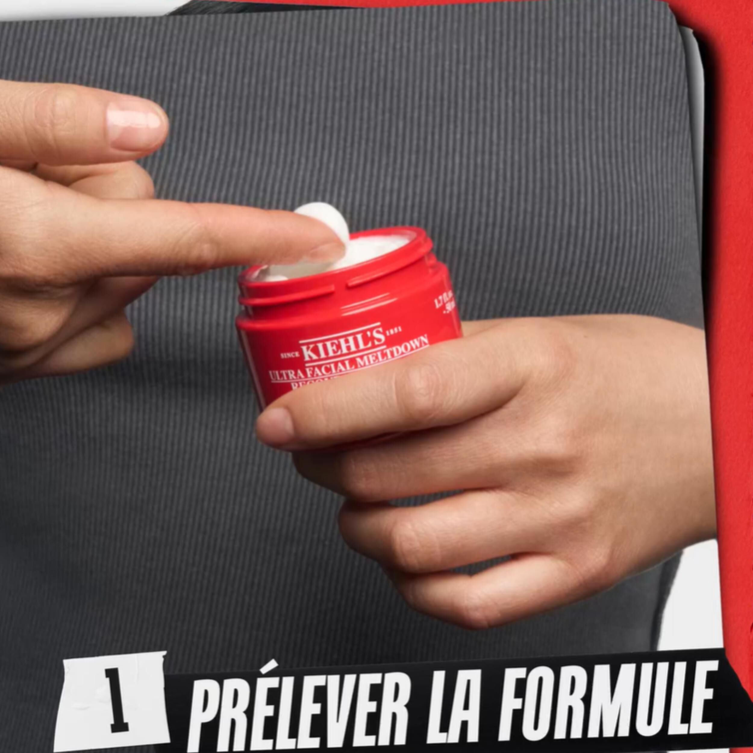 Hand applying cream to face with the text “Apply to Face” on a red-bordered background.