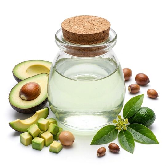 Mortier et pilon avec des morceaux d’avocat, illustrant l’utilisation de l’huile d'avocat comme ingredient nourrissant.