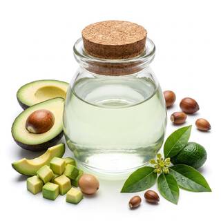Mortier et pilon avec des morceaux d’avocat, illustrant l’utilisation de l’huile d'avocat comme ingredient nourrissant.