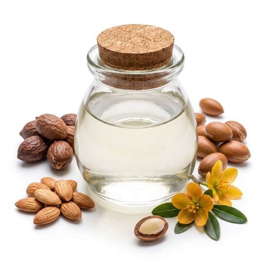 Mortier et pilon contenant des graines brunes, symbolisant l’huile d'argan