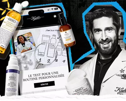 Une image promotionnelle de Kiehl's presentant des produits de soin de la peau, un test personnalise et un homme souriant en blouse blanche.