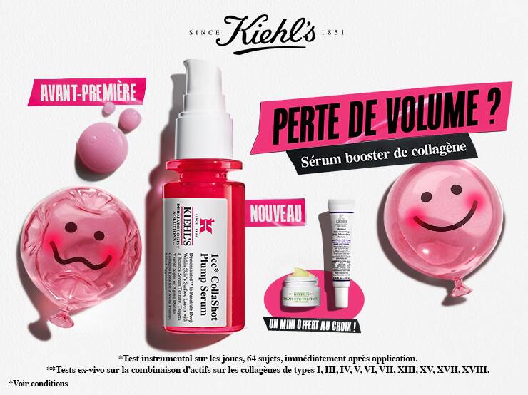 Des produits de soin disposes sur un fond en papier blanc texture. L'element principal est un flacon de serum pour le visage en verre translucide rose vif, dote d'une pompe blanche.