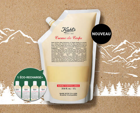 Image d'un emballage de creme corporelle Kiehl's en format rechargeable, sur un fond en papier kraft avec des elements graphiques de nature.