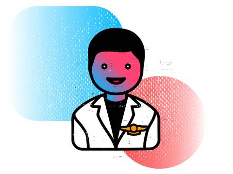 Illustration d’un conseiller en blouse blanche sur fond de formes colorees bleu et rouge.