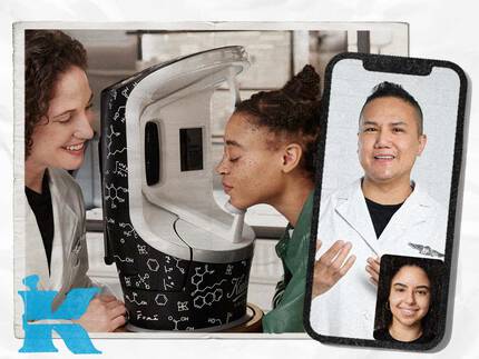 Deux personnes souriantes interagissent avec un appareil de technologie de soins de la peau, tandis qu'une autre personne apparait sur un telephone portable, affichant egalement un sourire.