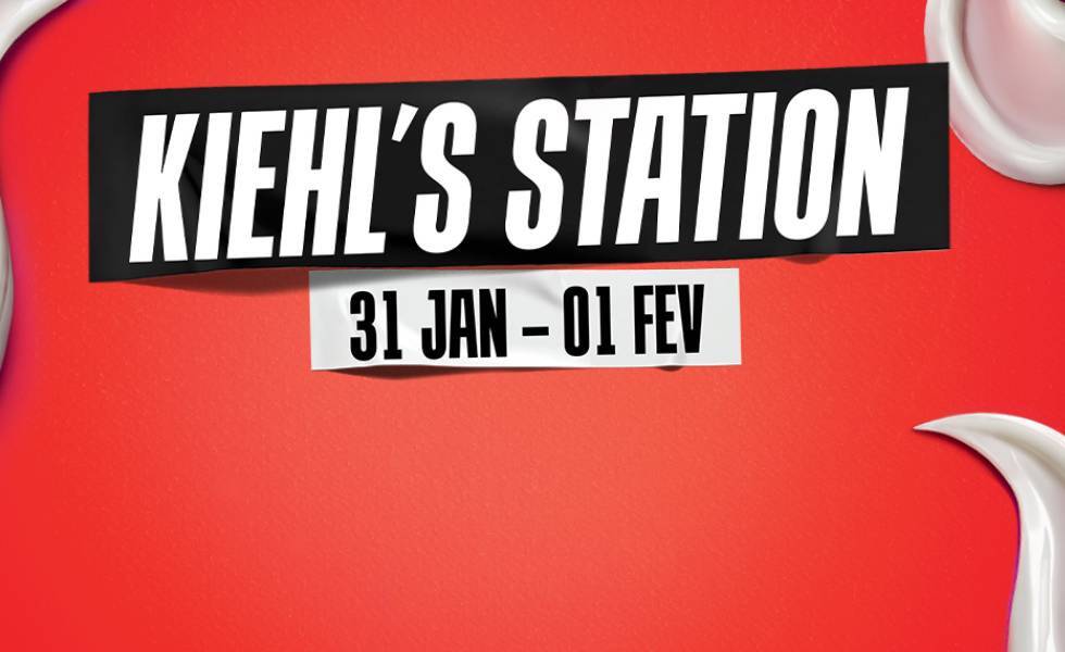 Banniere rouge avec des motifs de creme blanche et le texte « Kiehl’s Station K » en grand, accompagne de la date « 31 jan – 01 fev ». Visuel pour annoncer un evenement pop-up Kiehl’s a l’occasion du lancement du produit Ultra Facial Meltdown Recovery Cream