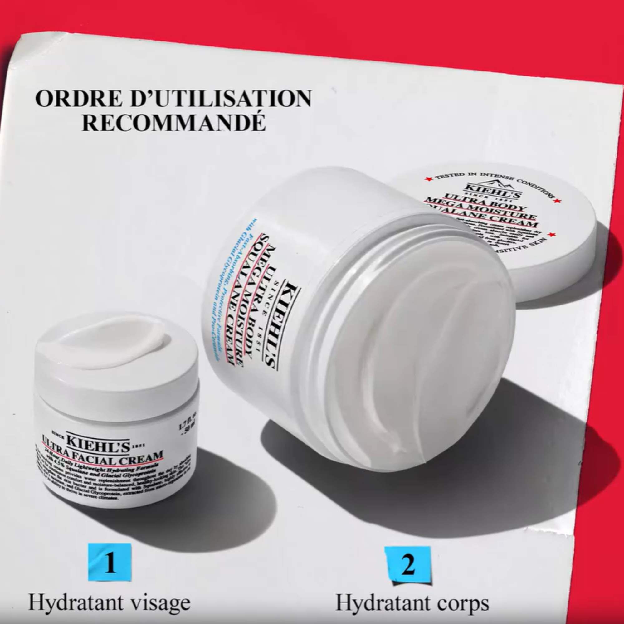 Kiehl's recommended order of use: Ultra Facial Cream to hydrate face, followed by Ultra Body Mega Moisture Squalane Cream to moisturize the body.​