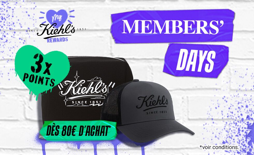 Banner promotionnel Kiehl's: Member's days: Points triples et une casquette et une trousse offerts des 80€ d'achat sur un fond blanc en brique
