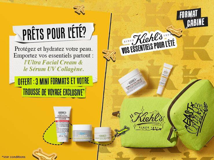 un panier vert et jaune avec a l'interieur une pomme et trois produits de soin de la peau kiehl's sur un fond orange