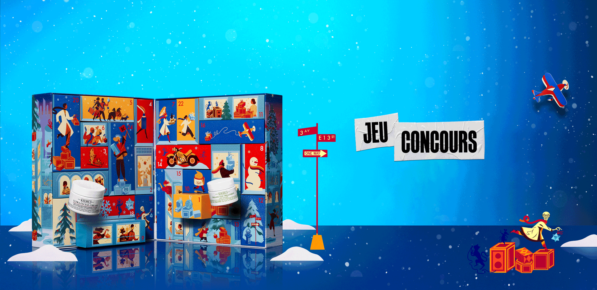 Un calendrier de l'Avent colore avec des illustrations festives, presentant un concours, le tout dans un decor hivernal avec des elements de Noel.