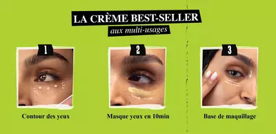 Image promotionnelle presentant trois etapes d'utilisation d'une creme multi-usages : 1. Application en contour des yeux, 2. Masque pour les yeux en 10 minutes, 3. Base de maquillage.
