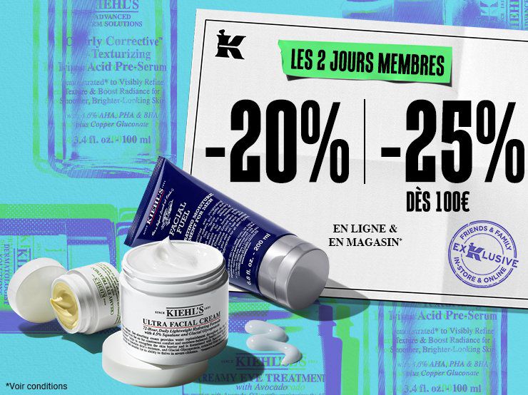 deux pots de creme visage blancs et un tube de creme bleu kiehl's sur un fond bleu