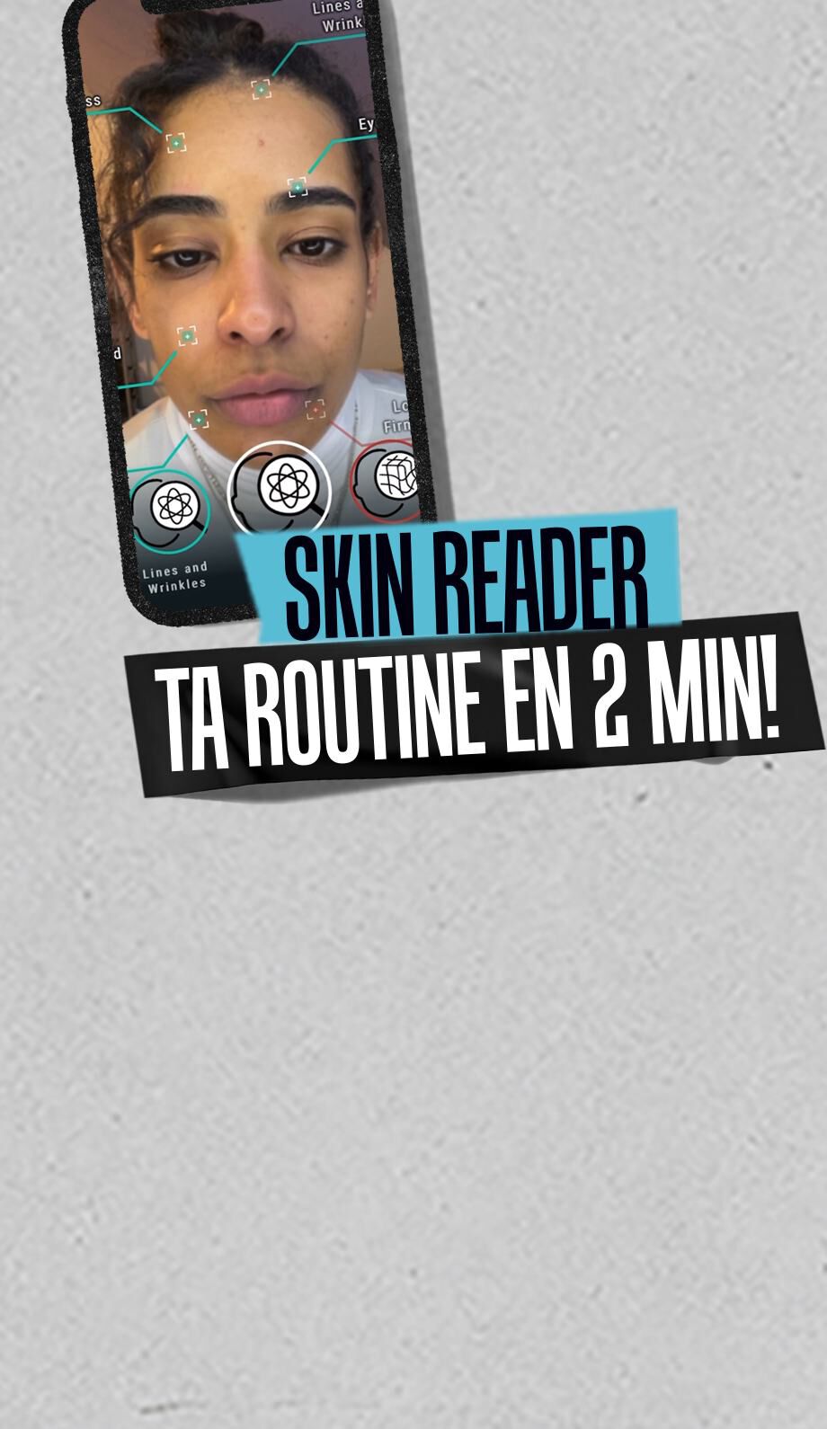 Diagnostic de la peau Kiehl’s – analyse intelligente avec application mobile, message « Ready for analysis » affiche a l’ecran