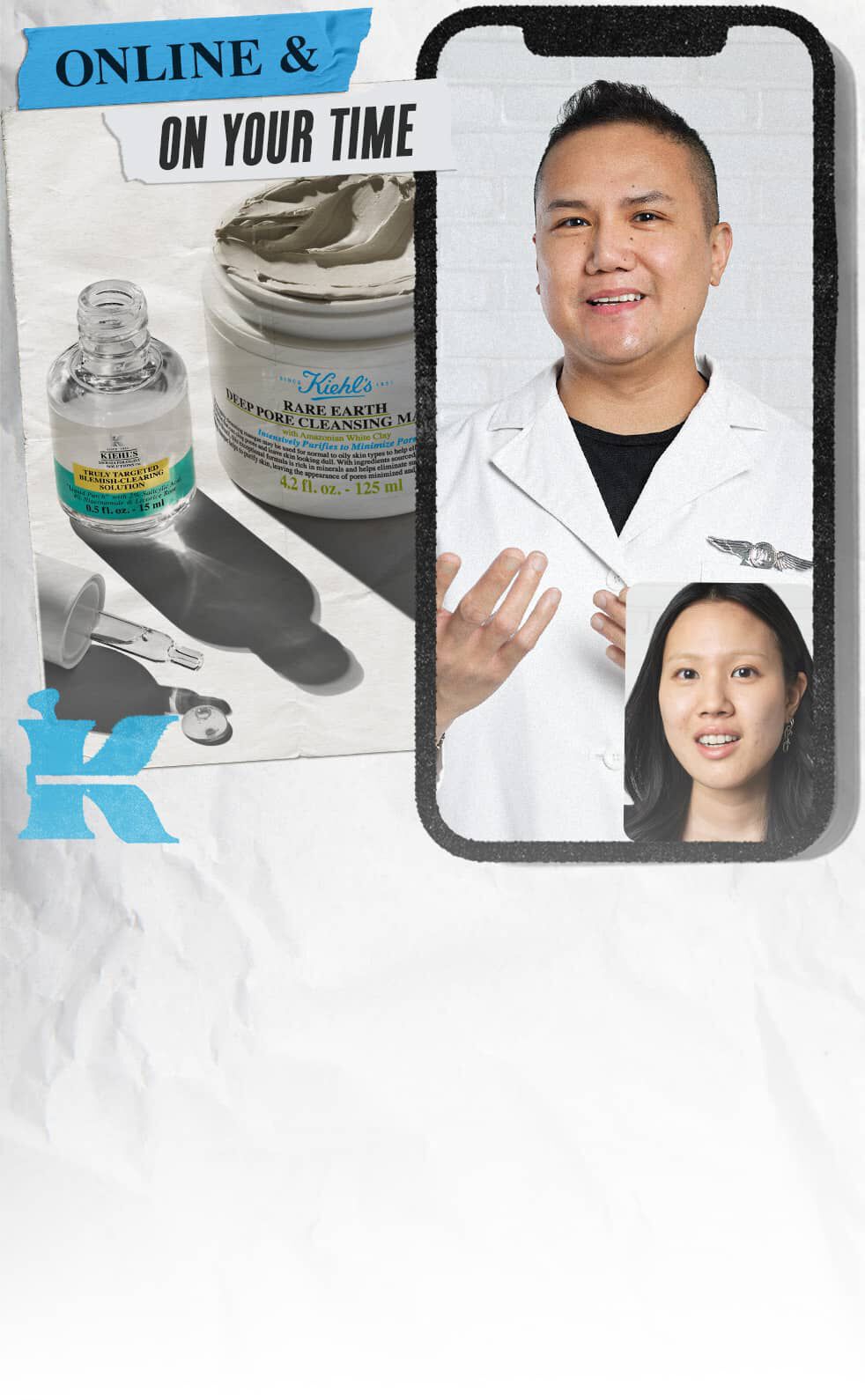 Consultation en ligne Kiehl’s – produits Rare Earth et Clearly Corrective, expert en blouse blanche sur smartphone