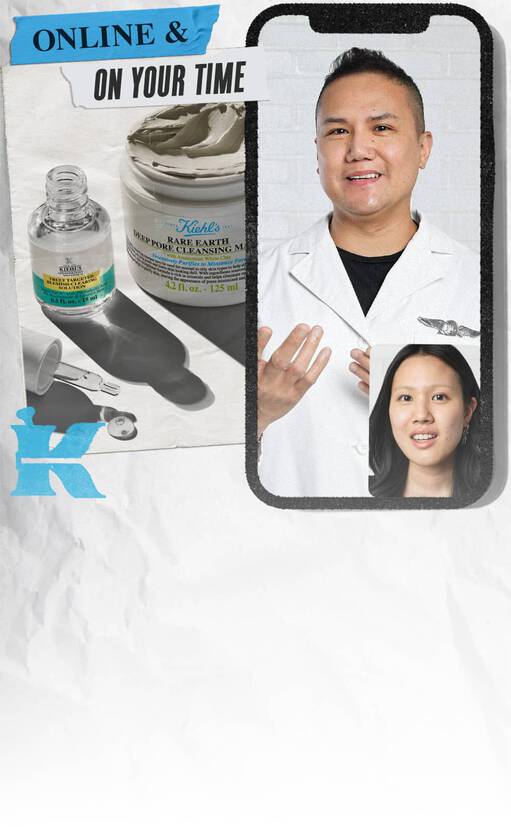 Consultation en ligne Kiehl’s – produits Rare Earth et Clearly Corrective, expert en blouse blanche sur smartphone