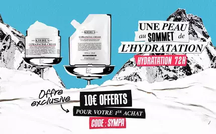 Image promotionnelle mettant en avant des produits de soin de la peau avec des inscriptions colorees sur un fond montagneux. Texte mentionnant une offre exclusive : "1 de offert pour votre 1er achat" avec un code promotionnel.