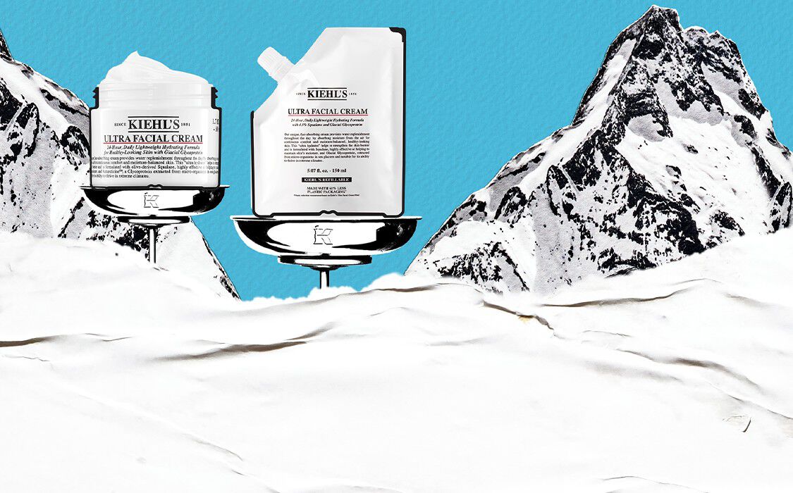 Image promotionneBanniere publicitaire Kiehl’s montrant deux produits Ultra Facial Cream poses sur des supports argentes devant un fond bleu avec des montagnes enneigees. Le texte indique : "Une peau au sommet de l’hydratation. Hydration 72H". A droite, une texture blanche rappelle la creme hydratante.lle presentant deux produits kiehl's contre l'acne sur fond bleu, accompagnee d'une offre exclusive : "1€ offerts pour votre 1er achat" en utilisant le code "SYMPA".