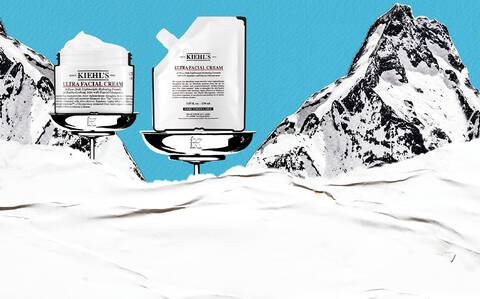 Image promotionneBanniere publicitaire Kiehl’s montrant deux produits Ultra Facial Cream poses sur des supports argentes devant un fond bleu avec des montagnes enneigees. Le texte indique : "Une peau au sommet de l’hydratation. Hydration 72H". A droite, une texture blanche rappelle la creme hydratante.lle presentant deux produits kiehl's contre l'acne sur fond bleu, accompagnee d'une offre exclusive : "1€ offerts pour votre 1er achat" en utilisant le code "SYMPA".