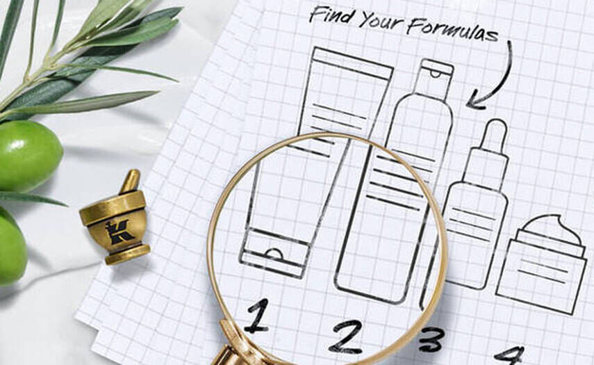 Image d'un carnet avec des illustrations de produits cosmetiques, une loupe et une olive. Le texte indique "Trouvez vos formules".