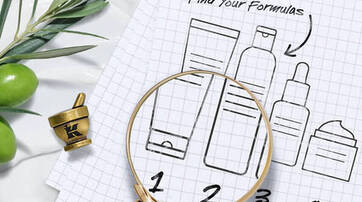 Image d'un carnet avec des illustrations de produits cosmetiques, une loupe et une olive. Le texte indique "Trouvez vos formules".