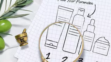 Image d'un carnet avec des illustrations de produits cosmetiques, une loupe et une olive. Le texte indique "Trouvez vos formules".