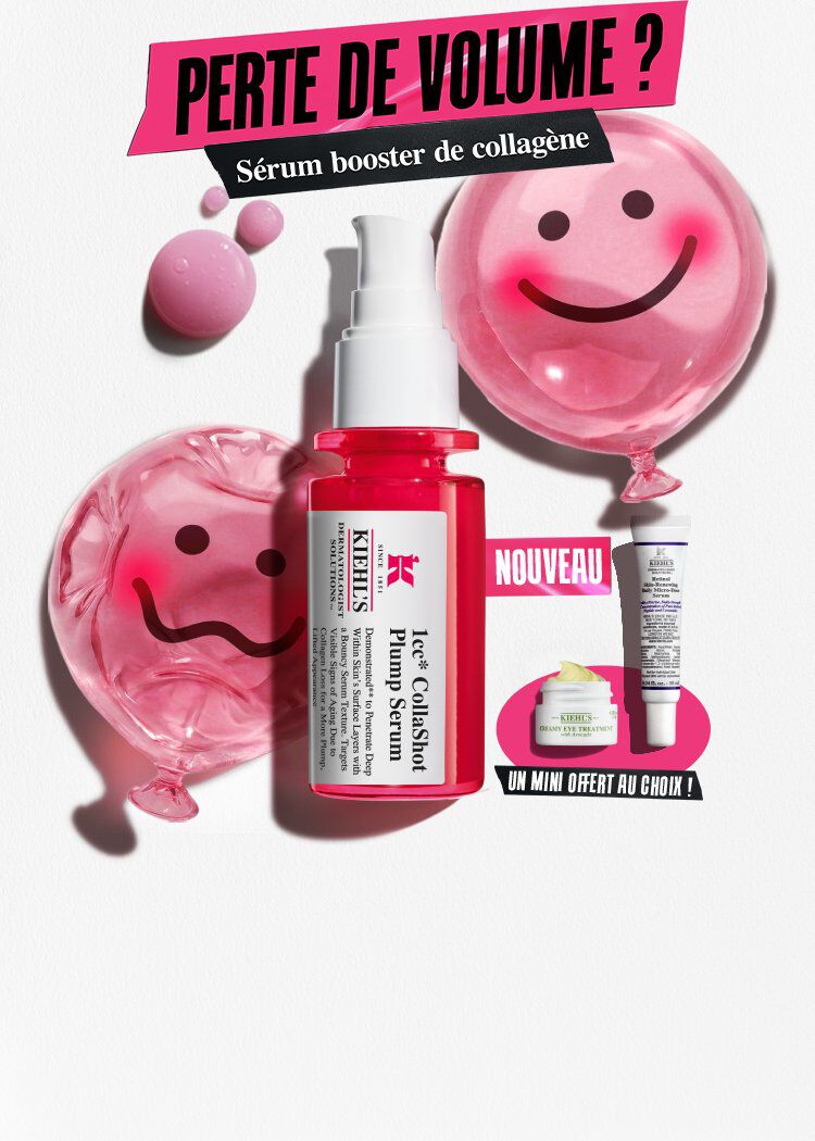 Des produits de soin disposes sur un fond en papier blanc texture. L'element principal est un flacon de serum pour le visage en verre translucide rose vif, dote d'une pompe blanche.