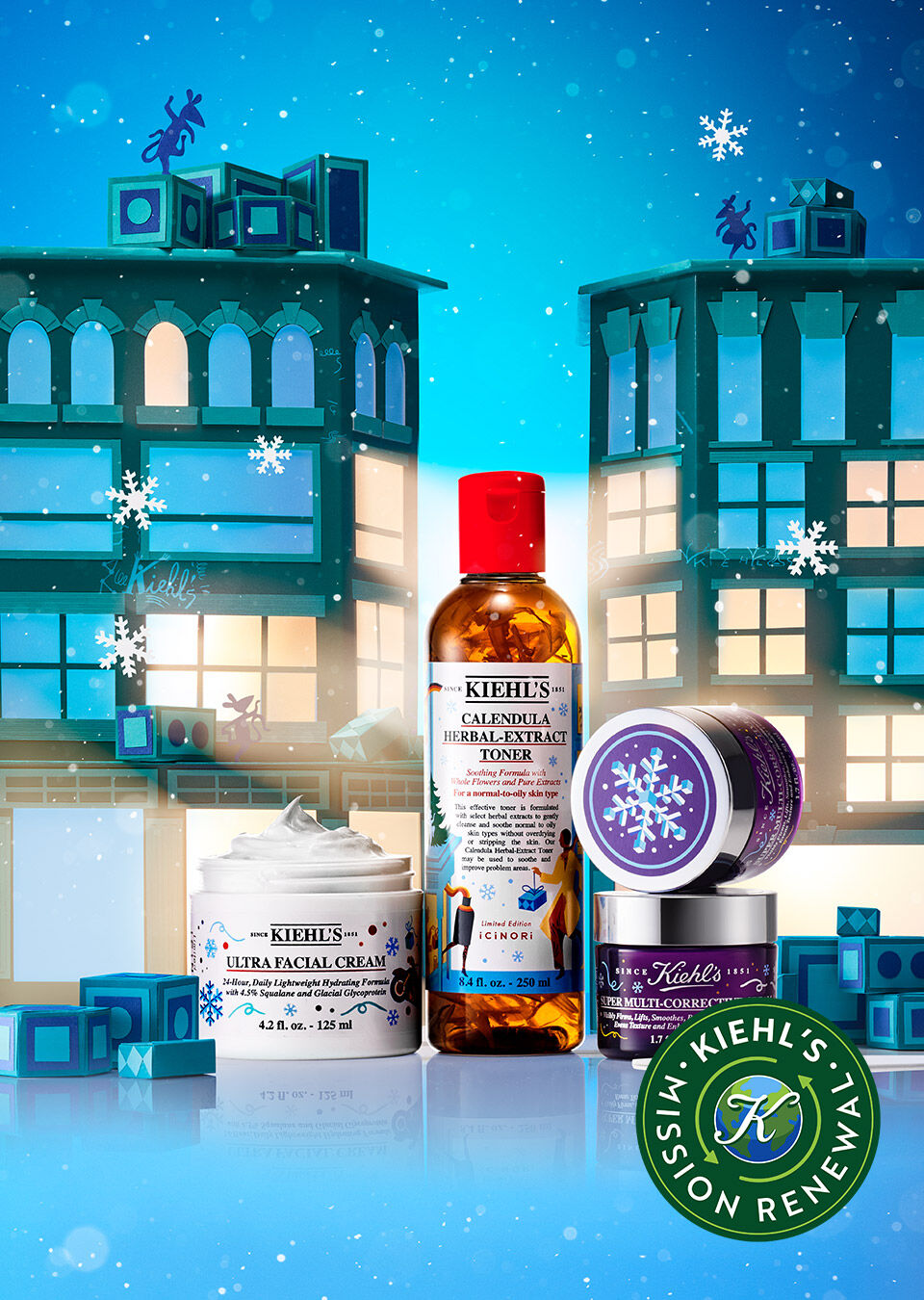 Produits de soin Kiehl's presentes devant un decor hivernal anime, avec des flocons de neige et le logo Kiehl's en haut a gauche.