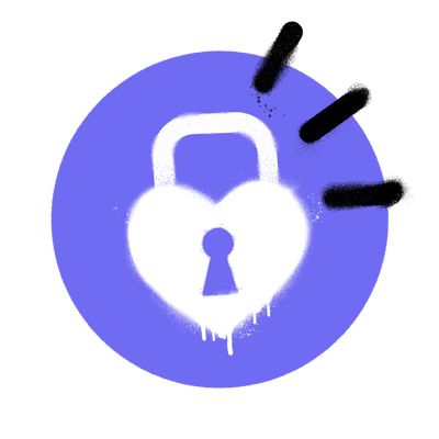 Coeur-cadenas blanc en graffiti sur fond bleu, symbolisant la securite ou la fidelite.