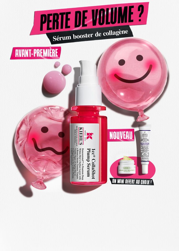 Des produits de soin disposes sur un fond en papier blanc texture. L'element principal est un flacon de serum pour le visage en verre translucide rose vif, dote d'une pompe blanche.