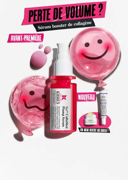 Des produits de soin disposes sur un fond en papier blanc texture. L'element principal est un flacon de serum pour le visage en verre translucide rose vif, dote d'une pompe blanche.