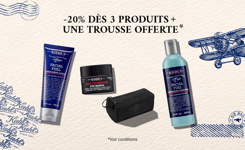 trois flacons de creme kiehl's pour homme avec une trousse noire sur un fond beige