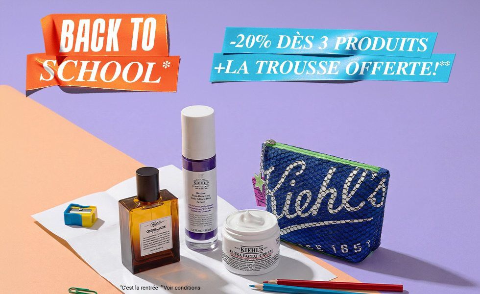 Banner promotionnel Kiehl's: Member's days: Points triples et une casquette et une trousse offerts des 80€ d'achat sur un fond blanc en brique