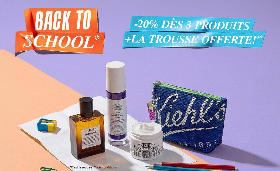 Banner promotionnel Kiehl's: Member's days: Points triples et une casquette et une trousse offerts des 80€ d'achat sur un fond blanc en brique